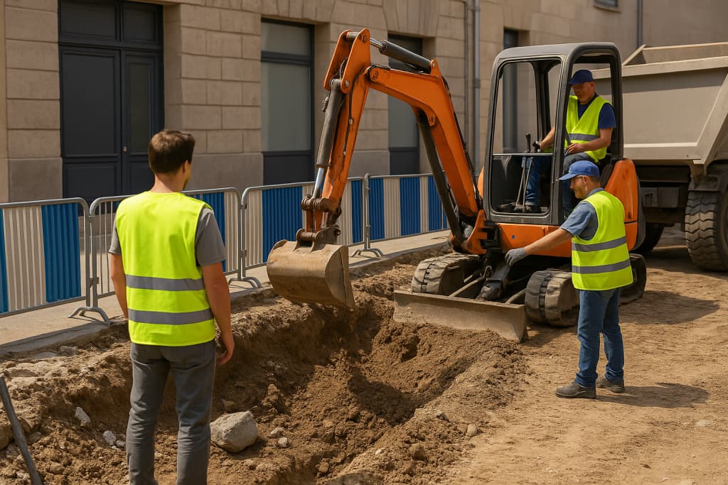 chantier-pelle-mecanique Travailleurs en chantier avec une pelle mécanique